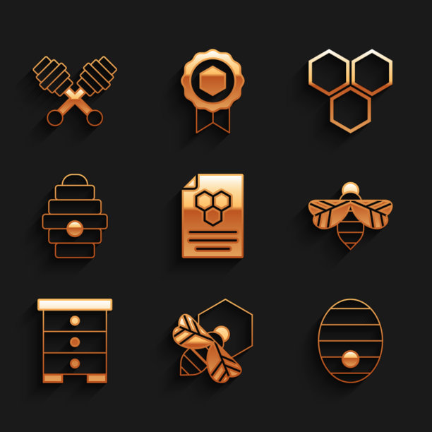 设置蜂巢，蜜蜂和蜂巢，蜂巢为蜜蜂，和勺棒图标。向量图片下载