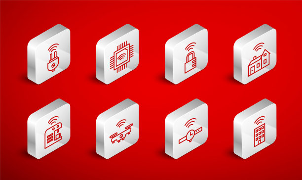 设置线智能家居无线，处理器微电路CPU，安全密码锁，智能手表，电源插头，无人机和咖啡机图标。向量图片下载