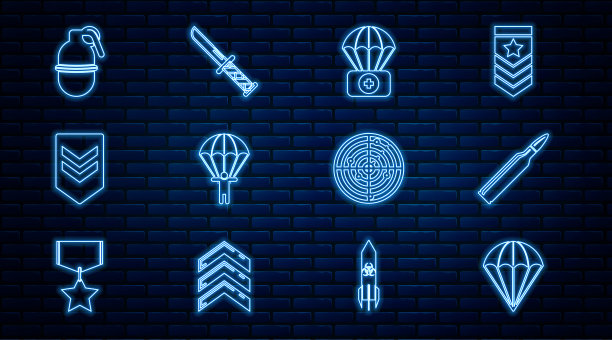 设置线降落伞，子弹，与急救箱，雪佛龙，手榴弹，雷达目标和军用刀图标。向量图片下载