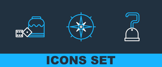 设置线海盗钩，游戏骰子和风玫瑰图标。向量图片下载