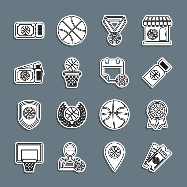 设置线篮球比赛票，奖，奖章，和篮子，并在运动日历图标。向量图片下载