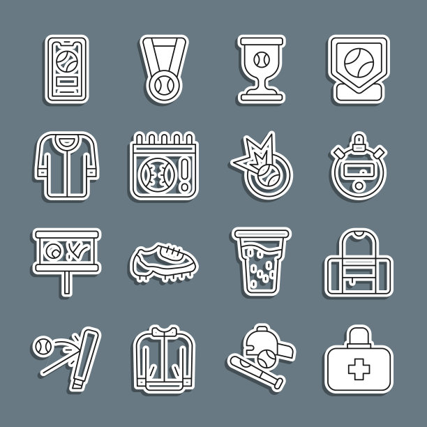 设置线急救箱，运动包，秒表，奖杯棒球，日历游戏，棒球t恤，移动和图标。向量图片下载