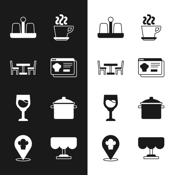 集在线订购和交付，木桌与椅子，盐胡椒，咖啡杯，酒杯，烹饪锅，和厨师帽子的位置图标。向量图片下载