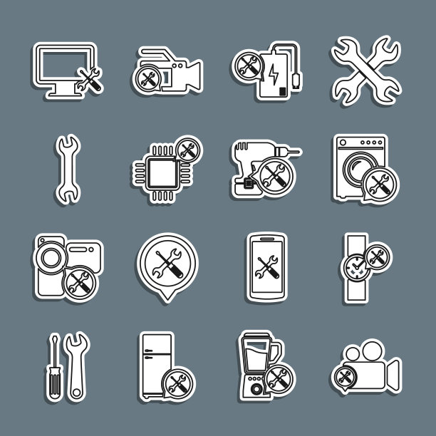 设置线摄像机服务，腕表，洗衣机，充电宝，处理器，扳手，电脑显示器和钻机图标。向量图片下载