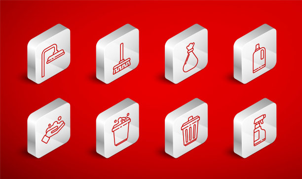 设置线喷雾瓶与洗涤剂液体，处理扫帚，垃圾袋，织物软化剂，垃圾桶，淋浴头，桶肥皂和洗手图标。向量图片下载