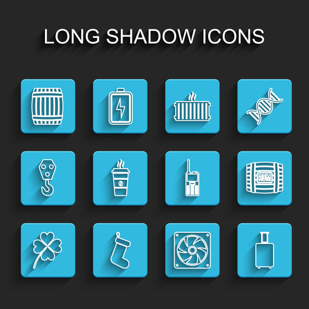 四叶三叶草，圣诞袜，木桶，电脑冷却器，旅行箱，咖啡杯，朗姆酒和对讲机图标。向量图片下载