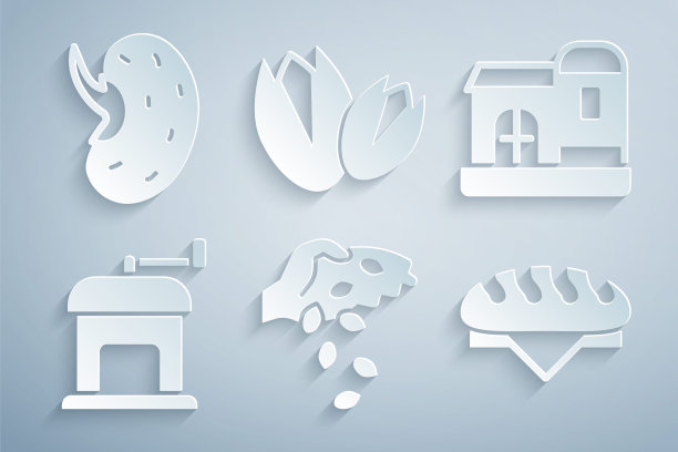 集种子，农场，手工咖啡研磨机，面包，开心果和图标。向量图片下载