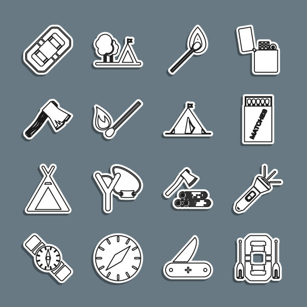 设置线漂流船，手电筒，打开火柴盒和火柴，燃烧与火，旧木斧，和旅游帐篷旗帜图标。向量图片下载