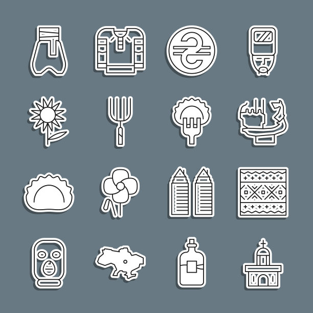 教堂建筑、乌克兰民族图案、基辅纪念碑等地标矢量图标图片下载