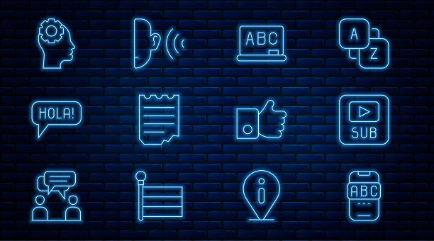 设有外语在线学习，视频字幕，黑板，笔记本，Hola不同的语言，头装置内，手喜欢和耳朵听声音信号图标。向量图片下载