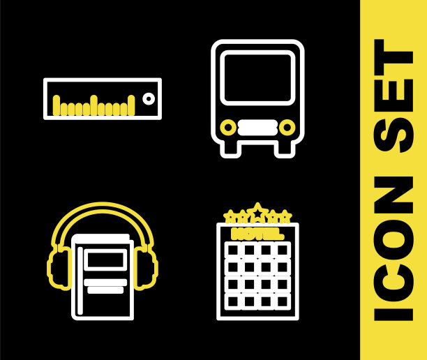 设置线路巴士，酒店建筑，有声书和标尺图标。向量图片下载