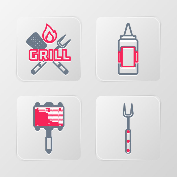 设置线烧烤叉，钢网格，芥末瓶和交叉和抹刀图标。向量图片下载