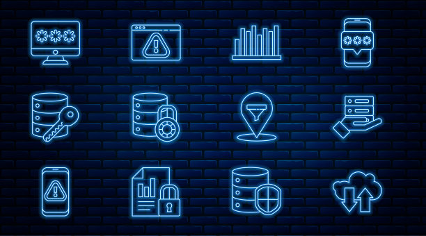 设置行云下载和上传，服务器，数据，网络托管，饼图信息图，安全锁，钥匙，监控密码，位置销售漏斗和浏览器感叹号图标。向量图片下载