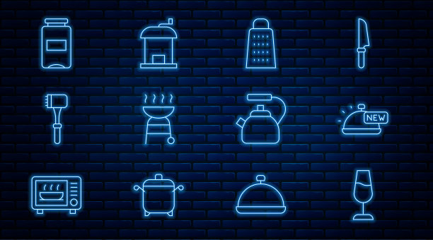 设置线葡萄酒杯，覆盖着食物托盘，磨碎器，烧烤架，厨房锤子，果酱罐，水壶手柄和手动咖啡研磨器图标。向量图片下载