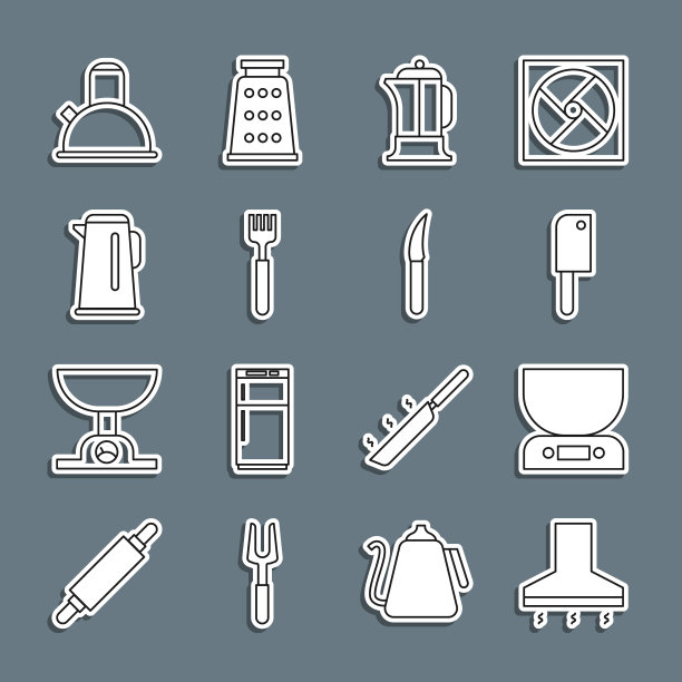 设置线厨房提取风扇，电子秤，肉斩，法国压榨机，叉子，水壶与手柄，和刀图标。向量图片下载