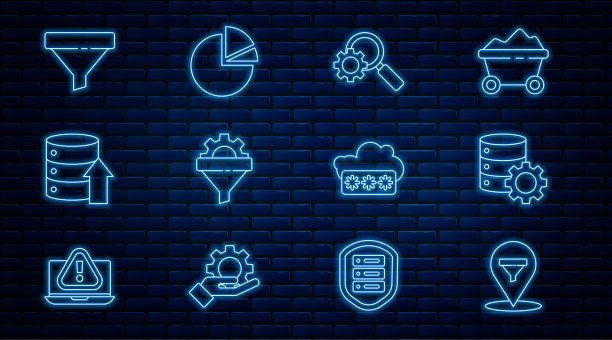 设置线位置与销售漏斗，服务器和齿轮，放大镜，销售，服务器，数据，网络托管，密码保护和饼图信息图图标。向量图片下载