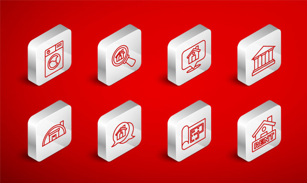 设置线悬挂标志，租金，搜索房子，位置，博物馆建筑，房屋平面图，洗衣机，房地产信息和仓库图标。向量图片下载