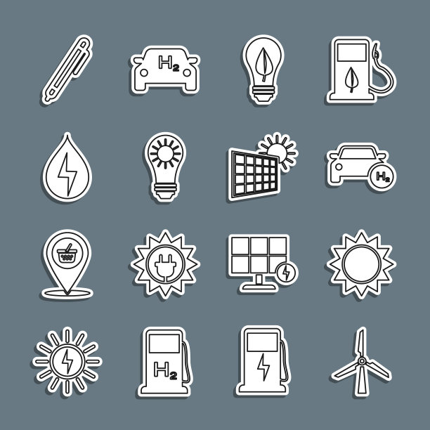 风力涡轮机，太阳，氢燃料汽车，灯泡与叶子，太阳能电池板，水，笔和太阳图标。向量图片下载