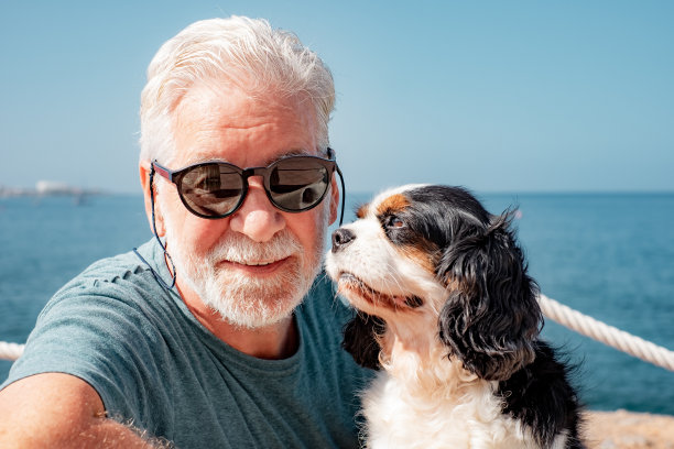 老人的特写肖像坐在靠近海滩与他的骑士查尔斯国王的狗。永远的好朋友概念。海面地平线图片下载