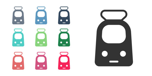 黑色火车和铁路图标孤立在白色背景。公共交通标志。地铁列车运输。地铁地下。设置图标彩色。向量图片下载