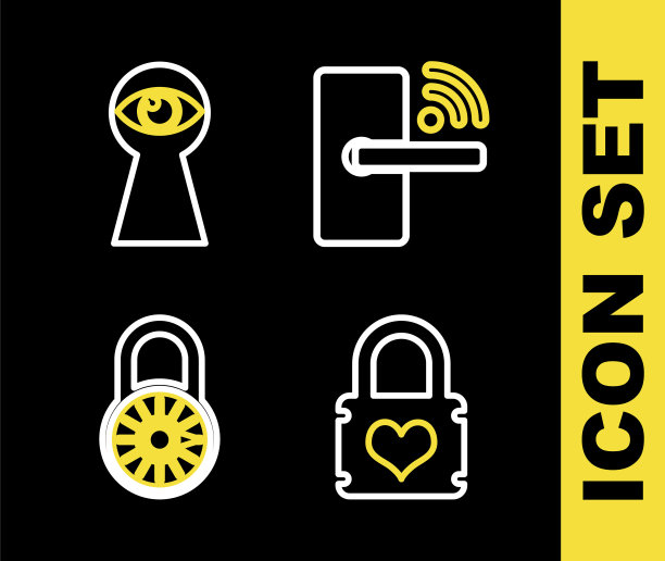 设置线无线数字门锁，挂锁心，安全组合轮和钥匙孔眼图标。向量图片下载