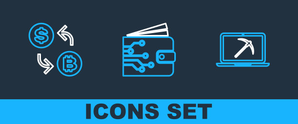 设置线挖矿笔记本电脑和鹤嘴锄，处理器芯片美元和加密货币钱包图标。向量图片下载