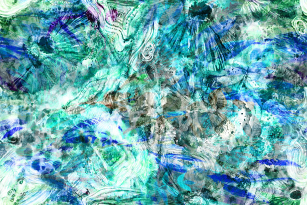 无缝有机抽象纹理画在水彩与绿色和蓝色的颜色图片下载