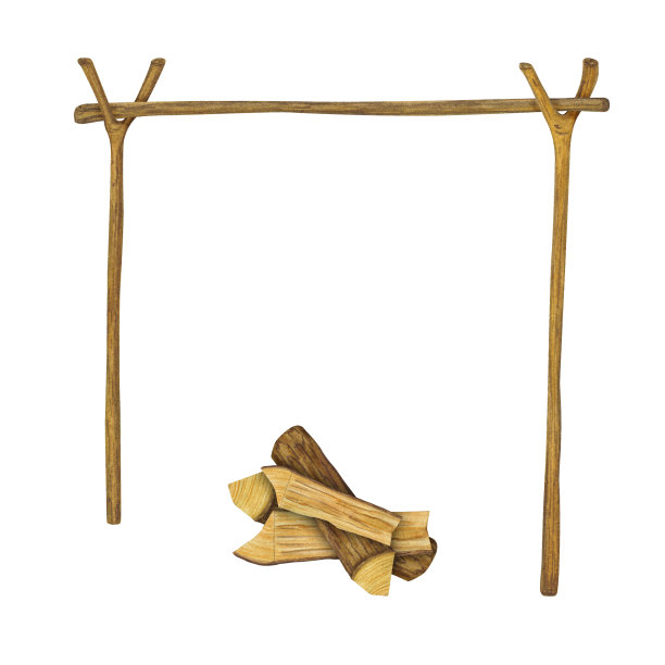 水彩插图的木棒烹饪在篝火，柴火露营在一个白色的背景。手绘图片下载