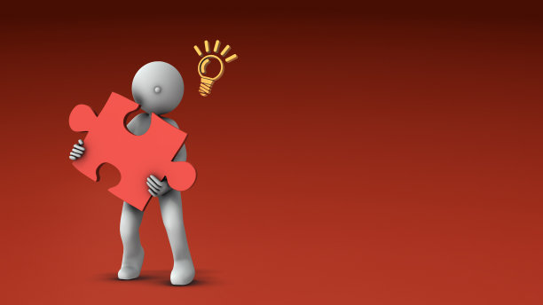 拿着一块大拼图的人。成功和神秘。寻宝者和挑战者。一个抽象的概念，它代表一个解决方案的各个部分。热红色背景。3 d渲染。图片下载