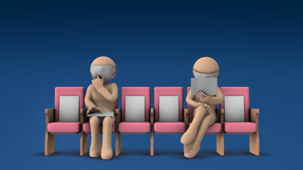 两名病人在候诊室保持社交距离。耐心和厌恶。一个抽象的概念，表达了一种阻塞和不便的感觉。冷蓝色背景。3 d渲染。图片下载
