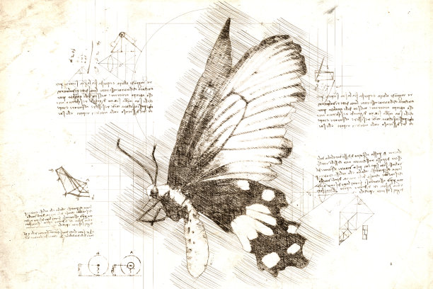 达芬奇风格的热带蝴蝶素描图片下载