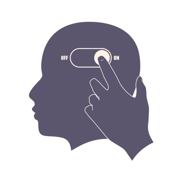 拨动开关按钮开启大脑活动。精神活跃，智力和思维活跃。头部的剪影。人工智能和机器学习的概念。手按按钮图片下载