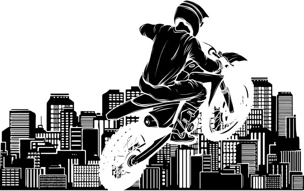 黑色摩托车的剪影在城市景观图片下载