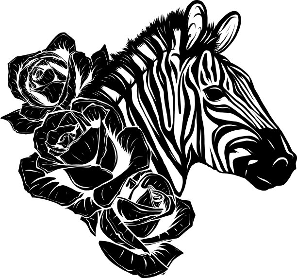 黑色轮廓斑马头与玫瑰图片下载