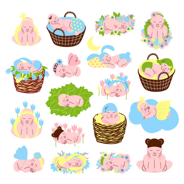 可爱的熟睡新生婴儿抱在柳条篮子与鲜花大矢量集图片下载