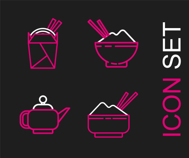 用筷子装碗里的米饭，日本茶道，还有亚洲面条纸盒和筷子的图标。向量图片下载