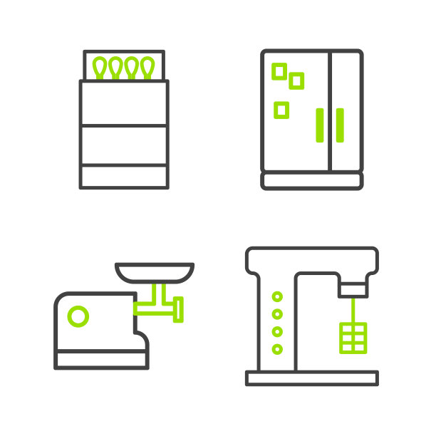 设置线电动搅拌机，厨房绞肉机，冰箱和打开火柴盒和火柴图标。向量图片下载