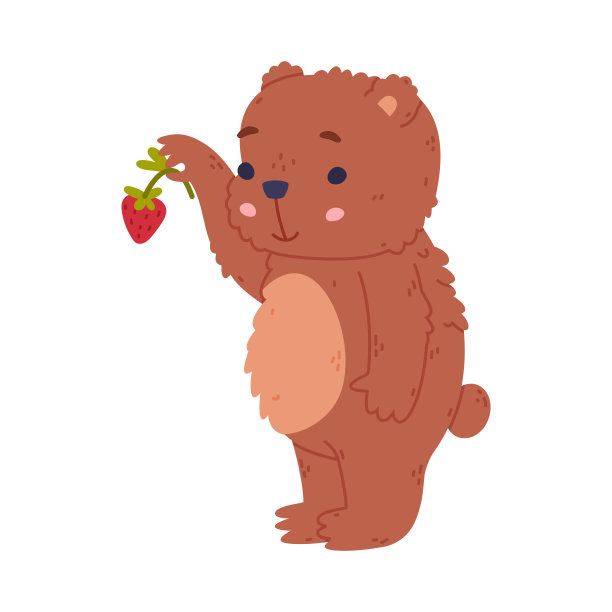 可爱的熊宝宝在吃草莓。有趣的野生森林棕色动物人物卡通矢量插图图片下载