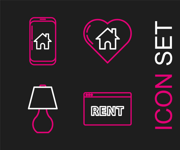在线租房，台灯，房子心形和手机智能家居图标。向量图片下载