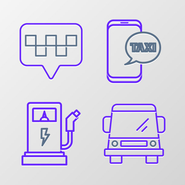 设置线路汽车，电动汽车充电站，出租车呼叫电话服务和带有出租车图标的地图指针。向量图片下载