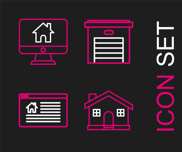 设置线的房子，挂标志与文字网上销售，车库和电脑显示器智能家居图标。向量图片下载