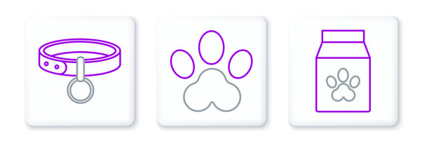 设置线袋的食物宠物，项圈与名牌和爪印图标。向量图片下载