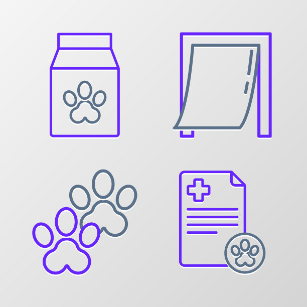 设置线剪贴板与医疗临床记录宠物，爪印，门和袋的食品图标。向量图片下载