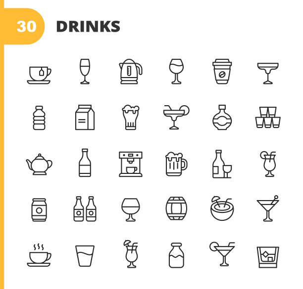 饮料和酒精线条图标。可编辑的中风。像素完美。移动和网络。包含像咖啡，葡萄酒，咖啡杯，水，香槟，牛奶，威士忌，茶壶，啤酒，果汁，香槟瓶，玛格丽塔，酒精，饮料等图标。图片下载