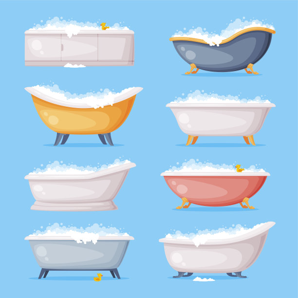 铸铁浴缸足满水与肥皂泡沫隔离在蓝色背景矢量集图片下载