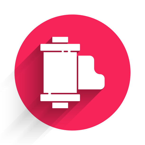 白色相机复古胶卷墨盒图标孤立与长阴影。35毫米电影罐。幻灯片摄影设备。红色圆圈按钮。矢量图图片下载