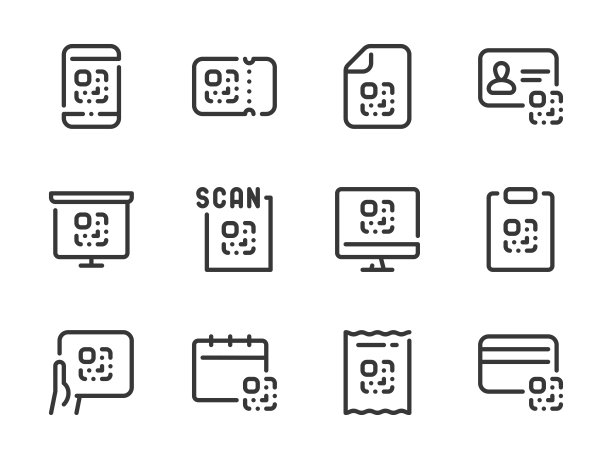 QR码和数字标签轮廓图标集。图片下载