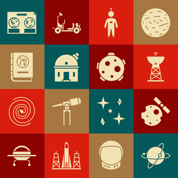 设置卫星绕地球，碟，宇航员，天文台，书的天文学，天体地图的夜空和行星图标。向量图片下载