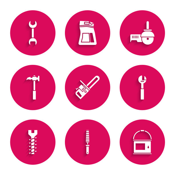 集电锯，凿子工具的木材，油漆桶，可调扳手，金属螺丝，羊角锤，角磨床和扳手扳手图标。向量图片下载