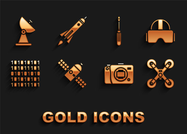 集卫星，虚拟现实眼镜，无人机飞行，无反光镜相机，二进制代码，螺丝刀，雷达和火箭船与火图标。向量图片下载